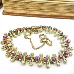 Vintage (Signed) Coro Gold Red Rhinestone AB Bracelet